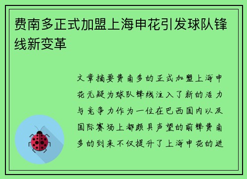 费南多正式加盟上海申花引发球队锋线新变革